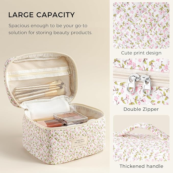 HBselect Christmas Gifts Large Quilted Makeup Bag, Cute Cotton Travel Makeup Bag with Handle, Portable Coquette Floral Make up Bags, Toiletry Organizer Make up Bags for Women Teen Girls Mom