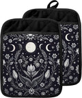Dark Witchy Moon Phase Floral Pot Holders with Pockets, Mystical Astrology Cottagecore Flower Botanical Oven Pot Holders Heat Resistant Oven Mitts Hot Pads for Kitchen Baking Cooking