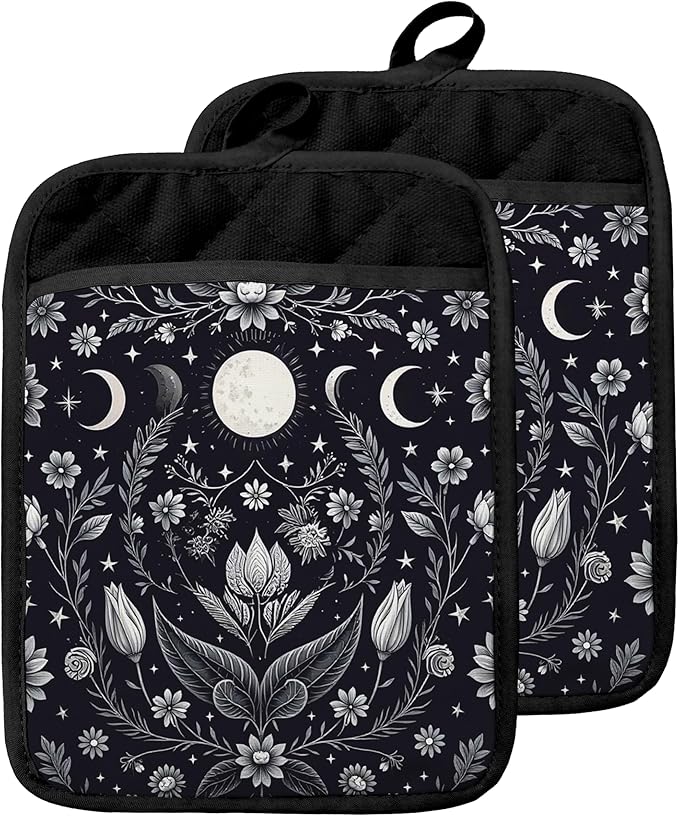 Dark Witchy Moon Phase Floral Pot Holders with Pockets, Mystical Astrology Cottagecore Flower Botanical Oven Pot Holders Heat Resistant Oven Mitts Hot Pads for Kitchen Baking Cooking