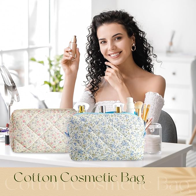 Paterr 10 Pcs Quilted Makeup Bag Bulk Cotton Floral Cosmetic Bag Women Girls Bridesmaid Gifts Cute Makeup Pouch Coquette Aesthetic Travel Toiletry Organizer(Classic Style,7.87 x 4.72 x 3.15 Inches)