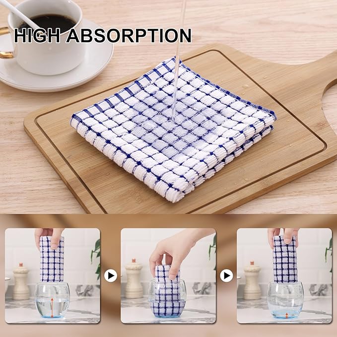 Kitinjoy Cotton 8 Pack Terry Kitchen Dish Cloths, 12 x 12 Inches Super Soft and Absorbent Dish Rags, Quick Drying Dish Towels for Washing Dishes, Blue