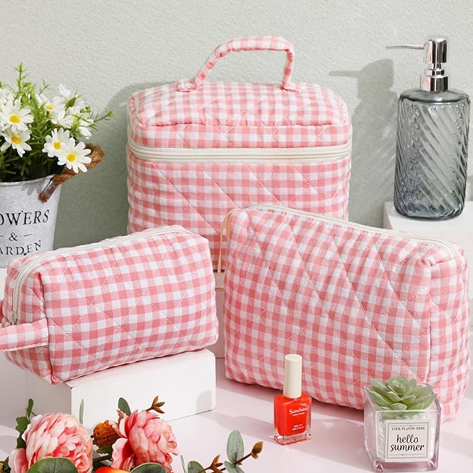 Paterr Makeup Bag Set 3 Pcs Large Quilted Cotton Make up Bags for Women Cosmetic Travel Toiletry Organizer Pouch Cute Aesthetic Storage Purse(Pink,Pink Plaid)