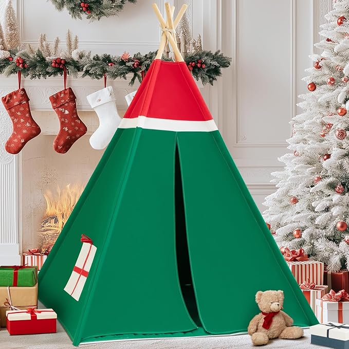 WIRHAO Christmas Tent for Kids with Padded Mat Cotton Canvas Teepee Tent Indoor for Toddlers Kids Play Tent for Girls Boys with Stars Lights, Carry Bag, Banner Flag (Merry Christmas)