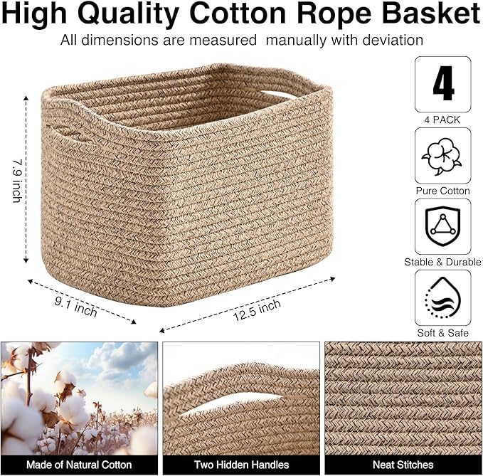 ICERZCZ Small Storage Baskets for Shelves Organizing, Woven Cotton Rope Baskets for Storage, Book Basket, Decorative Shelf Basket, 12.5"Lx9.1''Wx7.9''H (4 Packs) Brown