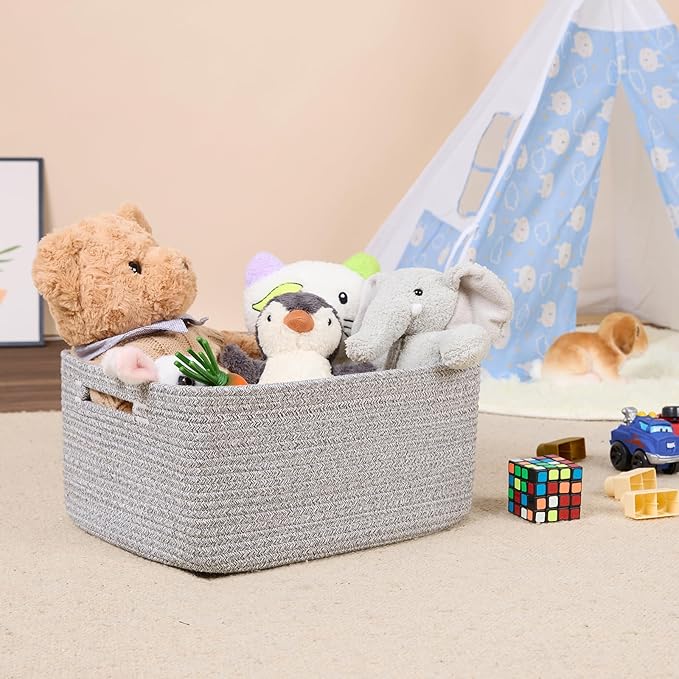 MiniArk Large Storage Baskets for Shelves, Closet Organizers Bins for Clothes Blanket Towels, Baby Nursery, Toy Baskets Box, Woven Rope Baskets, 17 x 13 x 7.5”, 3 Packs Mixed Grey