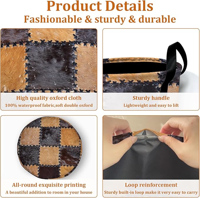 Cowhide Patchwork Laundry Basket with Sturdy Handles, Retro Cow Print Collapsible Oxford Cloth Laundry Hamper Organizer Basket for Bathroom Bedroom 15.7x20 Inch