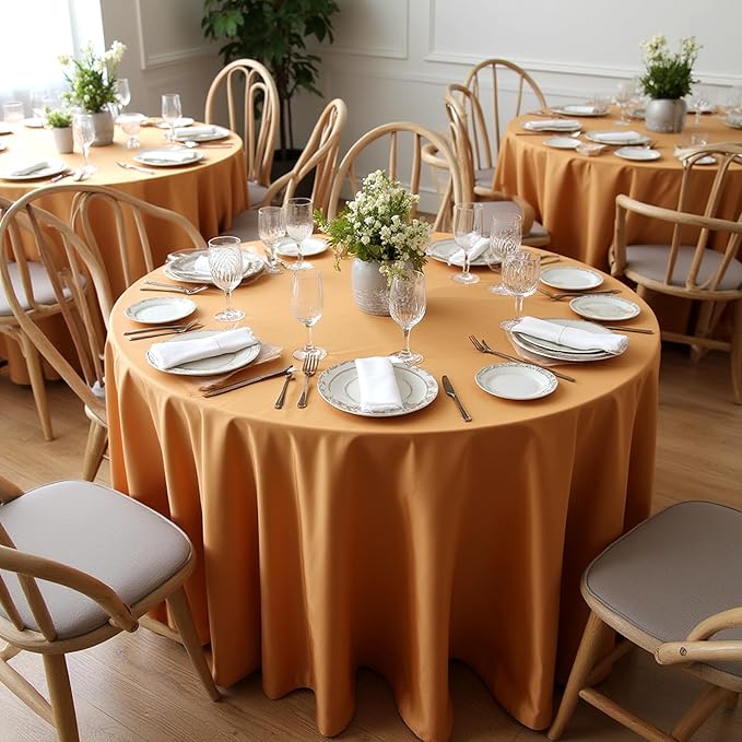 sancua Thanksgiving Round Tablecloth 120 Inch Diameter, 8 Pack Bronze, Circle Polyester Fabric Light Brown Fall Table Cloth Cover for Harvest Wedding Party Reception Banquet (Fit 48-96 Inch Tables)