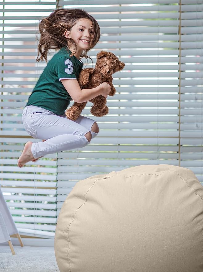 Wekapo Stuffed Animal Storage Bean Bag Chair Cover for Kids | Stuffable Zipper Beanbag for Organizing Children Plush Toys Large Premium Cotton Canvas (Almond Oil, XX-Large)