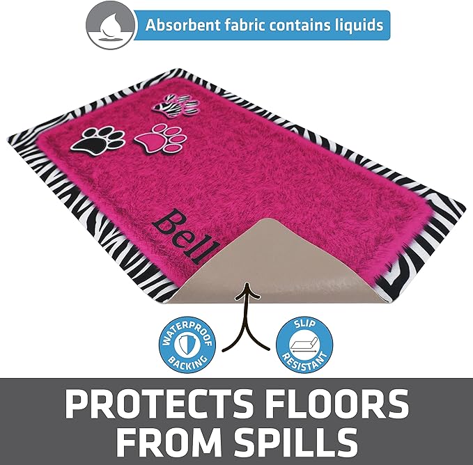 Drymate Personalized Pet Bowl Placemat, Custom Dog & Cat Food Feeding Mat - Absorbent Fabric, Waterproof Backing - Machine Washable/Durable (USA Made) (12" x 20") (Zebra Pink)