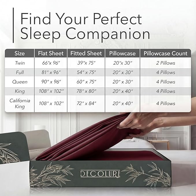 DECOLURE 100% Viscose Derived from Bamboo Sheets California King Size - Luxury 6 Pc Naturally Cooling Sheets, Ultra Soft Bed Set - Deep 17" Pockets, Double Stitching, Oeko Tex Standard (Burgundy)
