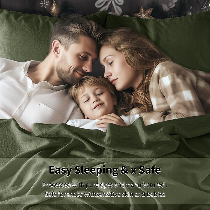 LBRO2M 100% Linen Sheet Set 16" Deep Pocket Full Size,Bed Sheets 4 Piece Sets,Solid Color Natural Flax Bed Sheets Soft Breathable Bedding, All Season (Full, Olive Green)