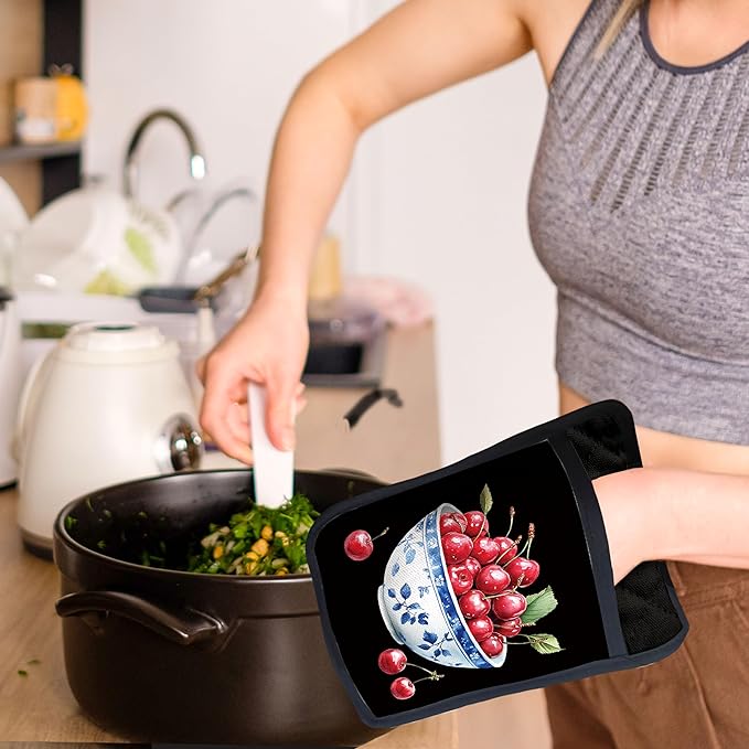 Chinoiserie Cherry Cake Pot Holders with Pockets, Red and White Grandmillennial Cherry Fruit Oven Pot Holders Heat Resistant Oven Mitts Hot Pads for Kitchen Baking Cooking