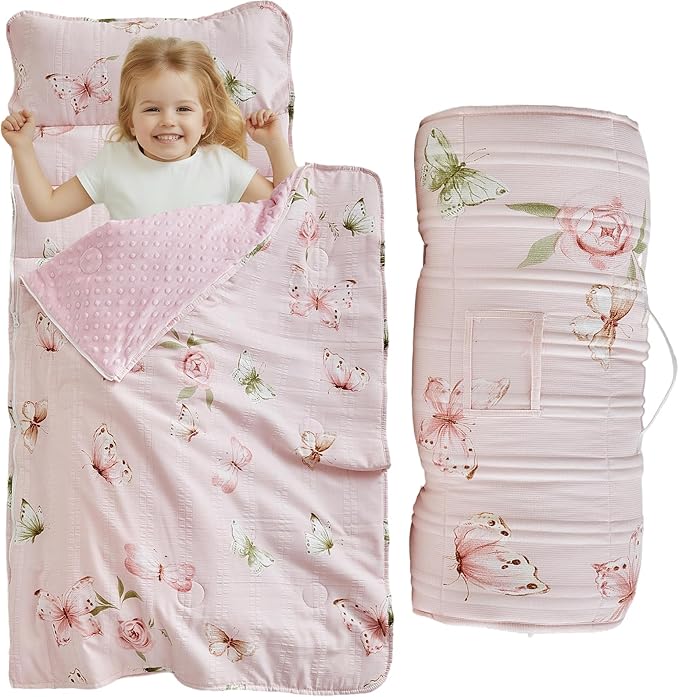 Toddler Nap Mat with Zipper,Detachable Minky Blanket and Removable Pillow,Soft Slumber Bags for Girls,Kids Sleeping Bag for Daycare Preschool Kindergarten,Flower Toddler Sleeping Mat - Butterfly
