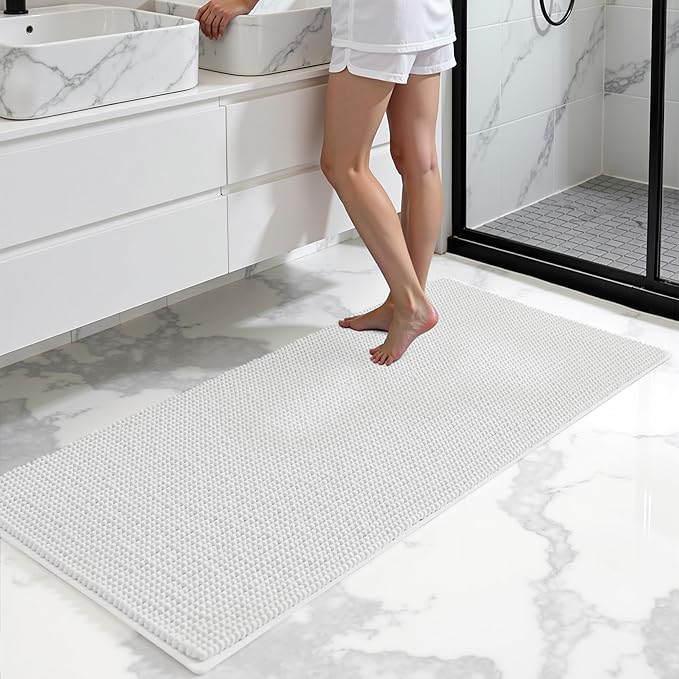 SUBRTEX Bathroom Rugs, 24" x 55" Chenille Bath Rug Soft Short Plush Bath Mat Soft Shower Mat Water Absorbent Shower Mat Quick Dry Machine Washable, White