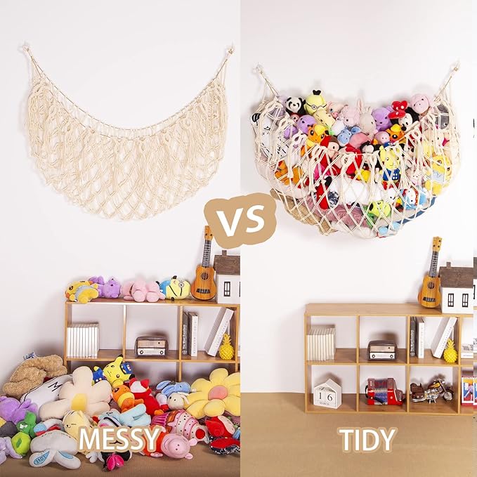 YKBU Stuffed Animal Net or Hammock Wall Hanging Net for Stuffed Animal Storage Macrame Toy Display Plush Toy Holder Soft Toy Organizer for Nursery Baby Bedroom Playroom-Cream