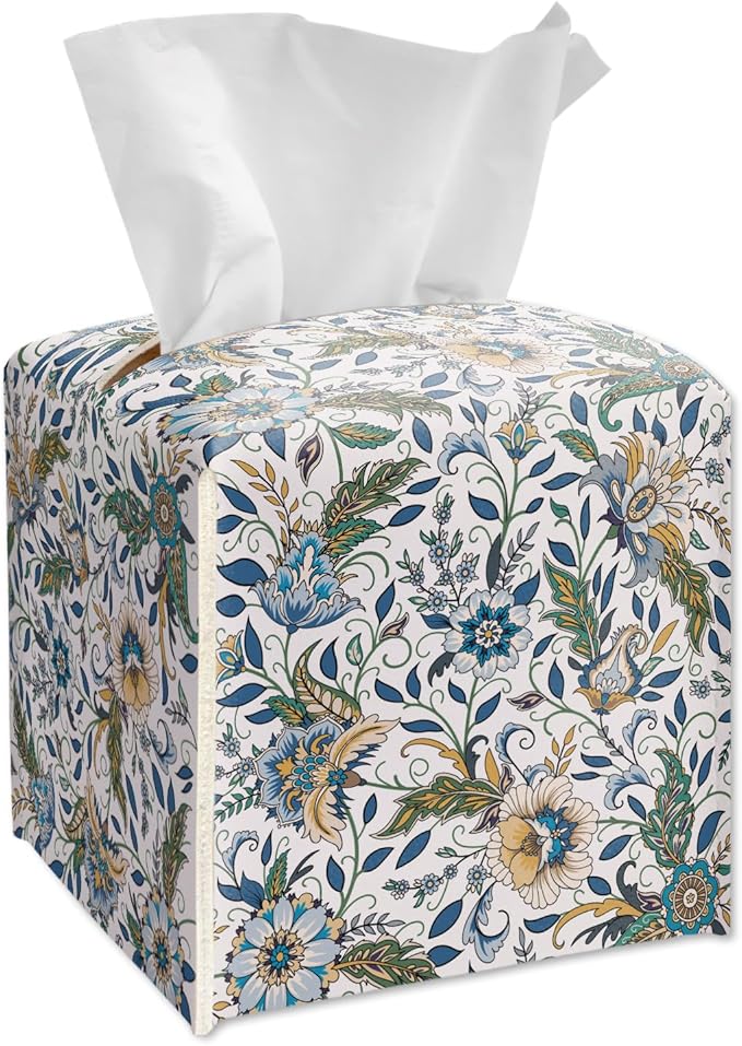 Columbia Blue Block Print Tissue Box Cover Square, Vintage Floral Leather Tissue Box Holder with Bottom Belt, Modern Home Decoration for Nightstands, Dining Table, Office, Car -16