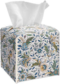 Columbia Blue Block Print Tissue Box Cover Square, Vintage Floral Leather Tissue Box Holder with Bottom Belt, Modern Home Decoration for Nightstands, Dining Table, Office, Car -16