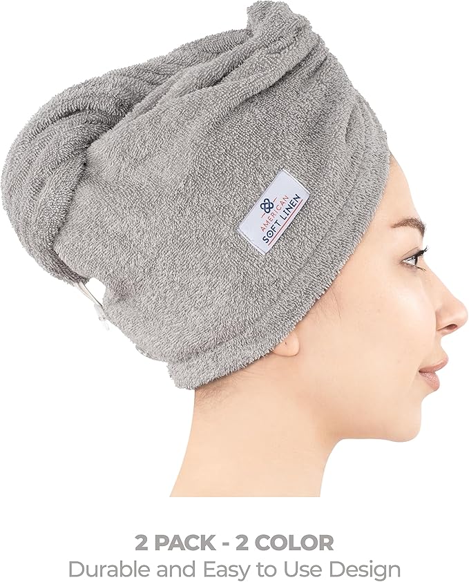 American Soft Linen 100% Cotton Head Towel Cap, Women's Anti Frizz Hair Wrap, Absorbent Cotton Towels 2 Pack, Light Grey-Pink