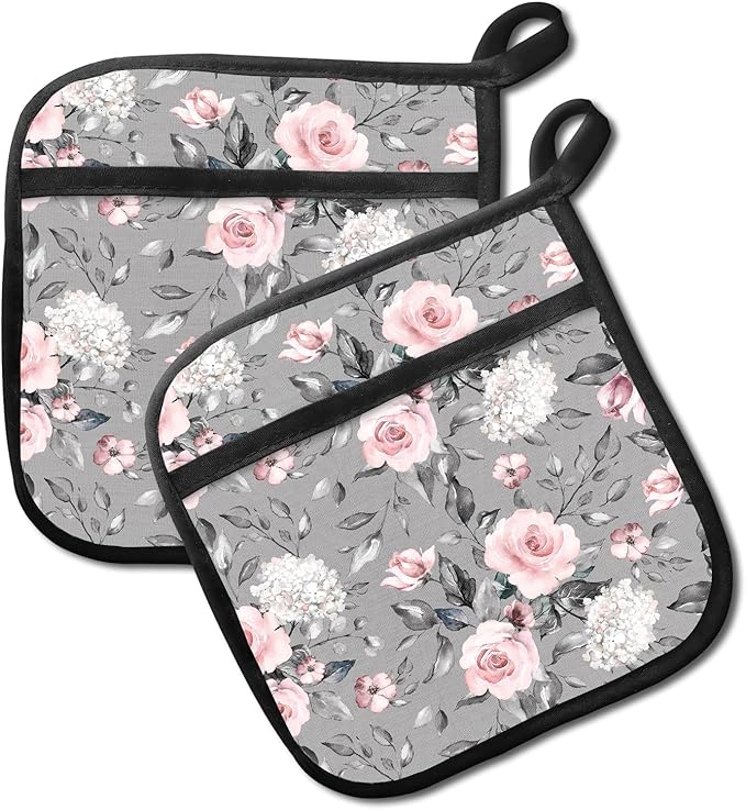 2 Pack Pot Holders for Kitchen Clearance, Cute Hot Pads, Funny Oven Pot Holders, Potholders Sets for Kitchen Heat Resistant Grey Pink Flowers