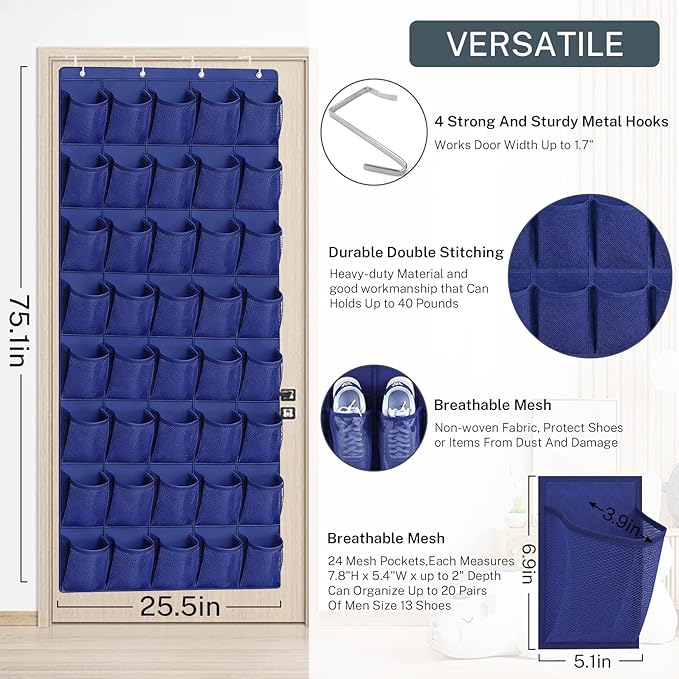 Hualleko 40-Pocket Over the Door Shoe Organizer - Large Mesh Pocket Hanging Shoe Organizer,Behind the Door Shoes Storage Holder Hanger