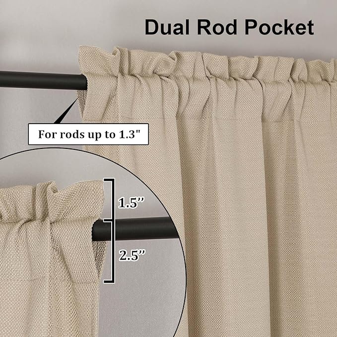 Lecloud Bessie Light Filtering Curtains 45 Inch Length 2 Panels Set, Faux Linen Weave Short Curtains with Rod Pocket, Rustic Drapes for Bedroom Basement Laundry, Each 30 W x 45 L, Linen