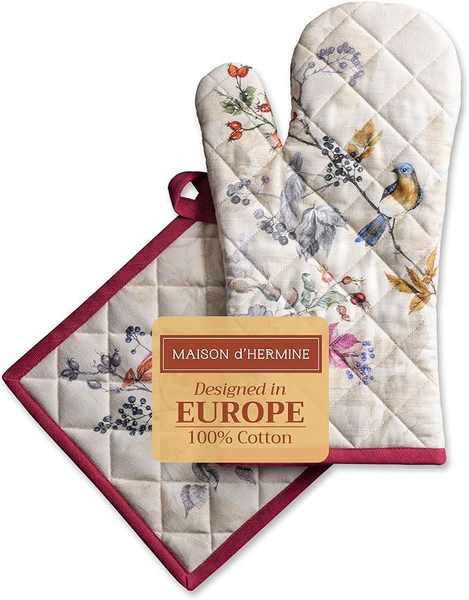 Maison d' Hermine 100% Cotton Oven Mitt & Pot Holder Set (7.5"x13" & 8"x8") Heat Resistant BBQ Cooking Gloves with Loop for Thanksgiving Christmas Decorations Handling Hot Pans (Equinoxe - Beige)