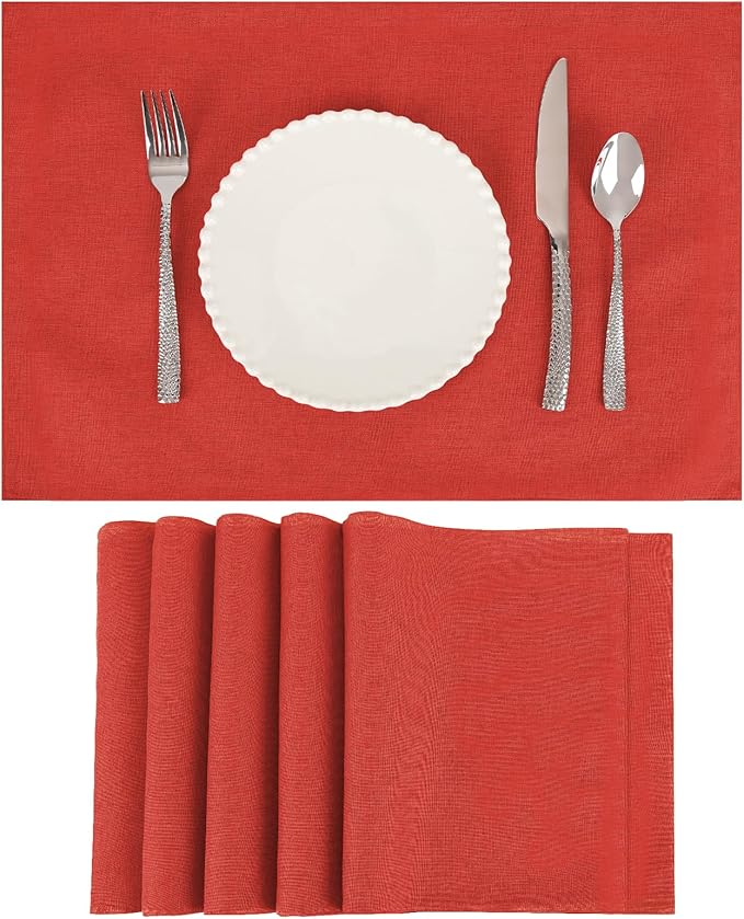 Placemats Set of 6 Linen Type Fabric Cloth Placemats, 19 x 13 Inch Double Layered Thick Wrinkle Free Heat Resistant Table Place, for Dining, Kitchen, Party (Red, 48 * 33cm)