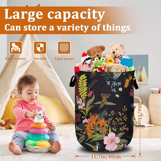 Vintage Flower Bird Laundry Basket with Sturdy Handles, Retro Floral Collapsible Oxford Cloth Laundry Hamper Organizer Basket for Bathroom Bedroom 15.7x20 Inch