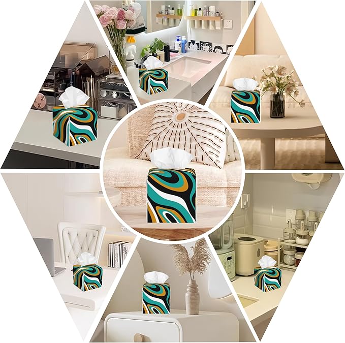 BLYKVGHQ Liquid Stripes Square Tissue Box Cover Brown and Black Abstract Wave Line Tissue Box Holder Facial Cube Paper Dispenser Leather Decorative Organizer Home Office Desk Decor, 5.2"x5.2"x5.2"