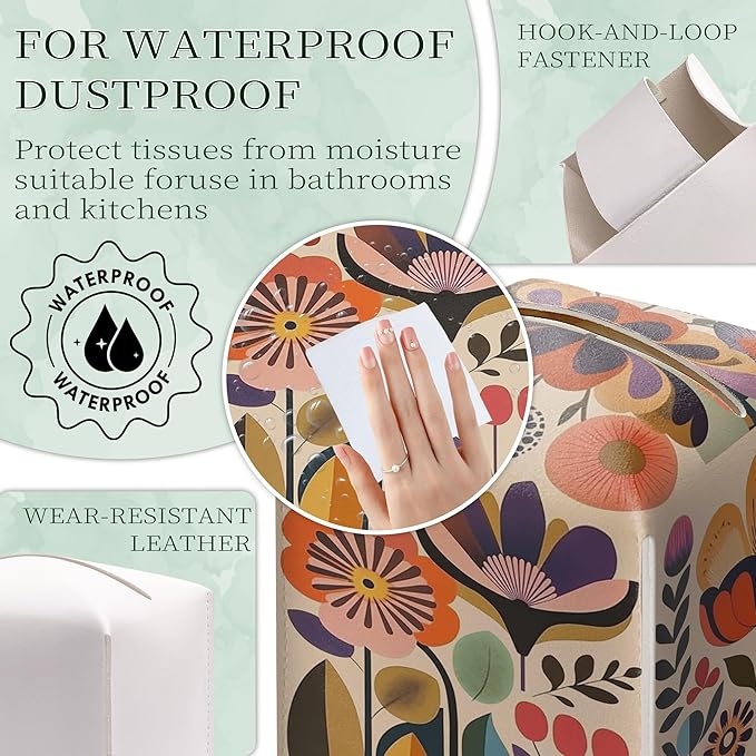 Scandinavian Boho Tissue Box Holder, Norwegian Folk Floral Leather Tissue Box Cover Square, Paper Napkins Everyday Dispenser for Bathroom Night Stands Kitchen Office Car Home Decor