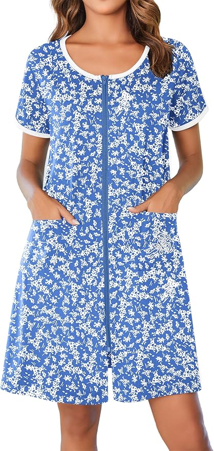 Ekouaer Zip Up Robes for Women Short Sleeves Zipper House Coat Short Bathrobes Lightweight Nightgown with Pockets S-3XL