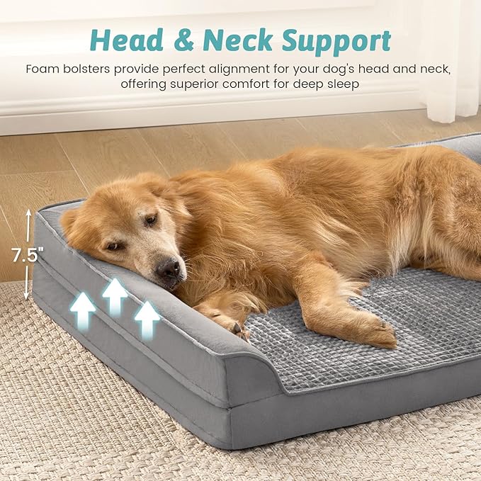 COZY KISS Orthopedic Dog Bed for Large Size Dog, XL Dogs Crate Bed, L Shaped Foam Anti-Slip Bottom Pet Cat Sofa with Washable Removable Cover, Suitable for Pet Up to 100 lbs, 42x30x7.5 inch, Grey