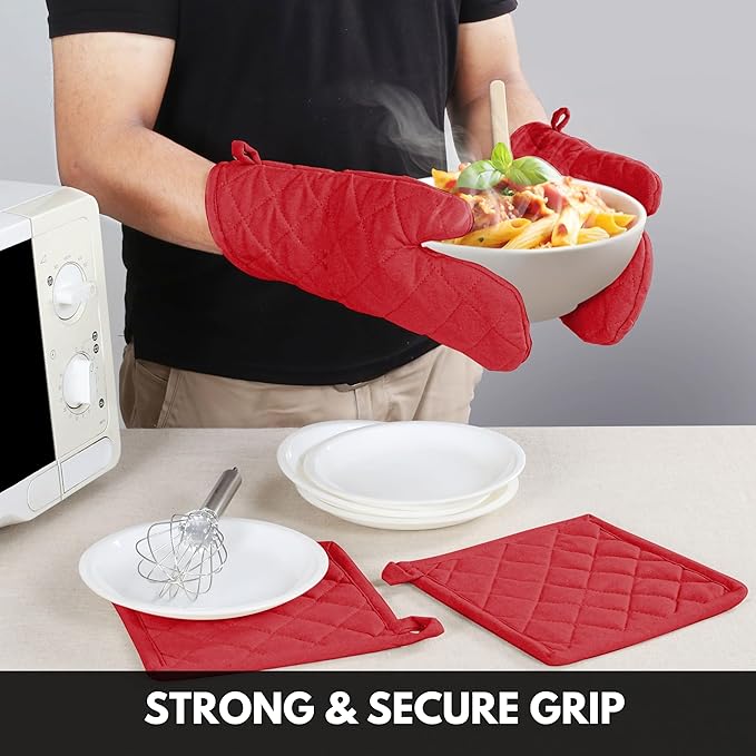 Oven Mitt + Pot Holder 100% Cotton Heat Resistant Kitchen Oven Gloves (7"x13") & Hot Pads (8"x8") for Gifts, Chef, Women & Men - Red