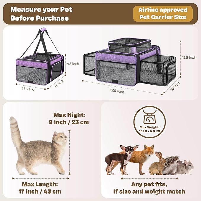Top and 2 Sides Expandable Large Cat Carrier 18x13.5x9.5, TSA Airline Approved Dog Carriers for Large Dogs, Soft-Sided Pet Carrier with Self-Locking Zippers for Kitten,Rabbit, Puppy Purple