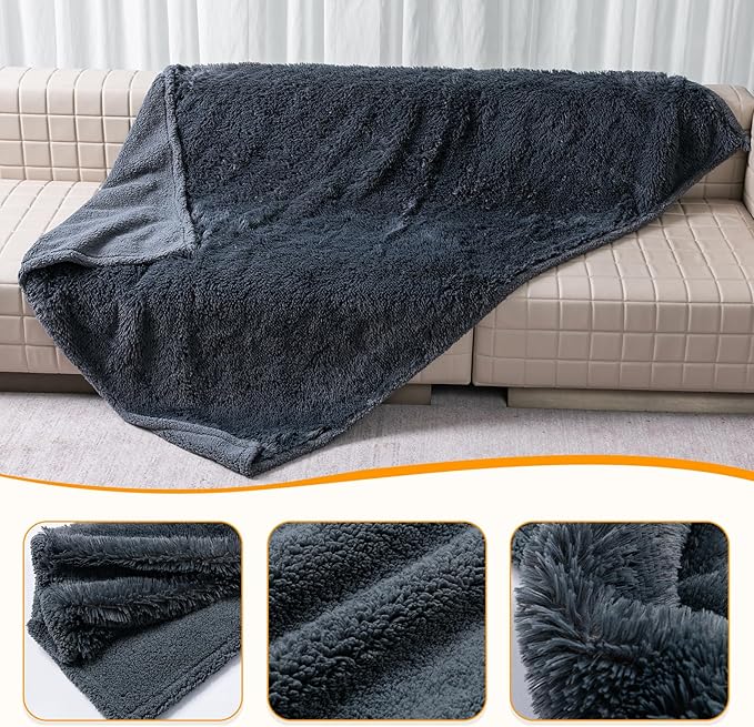 Wowchine Pet Throw Blankets for Dogs Gray Cozy Waterproof Fluffy Long Faux Fur Dog Cat Calming Blanket for Couch Sofa Cover Furniture Protection, Gray XS-28x20in