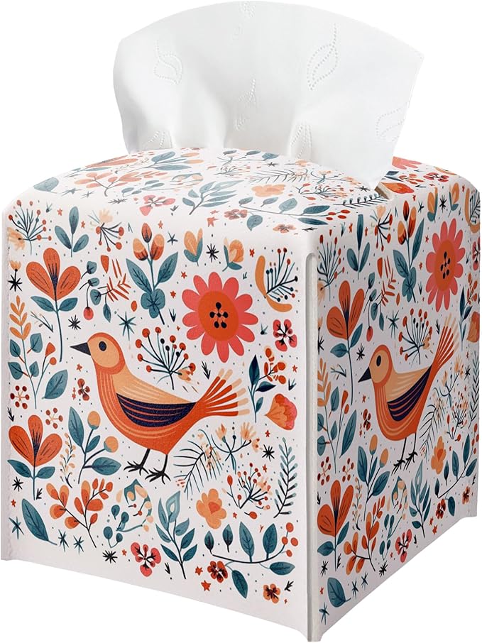 Floral Bird Tissue Box Holder, Scandinavian Leather Tissue Box Cover Square, Paper Napkins Everyday Dispenser for Bathroom Vanity Countertop Night Stands Kitchen Office Car Home Decor