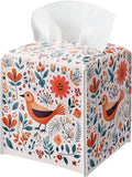 Floral Bird Tissue Box Holder, Scandinavian Leather Tissue Box Cover Square, Paper Napkins Everyday Dispenser for Bathroom Vanity Countertop Night Stands Kitchen Office Car Home Decor