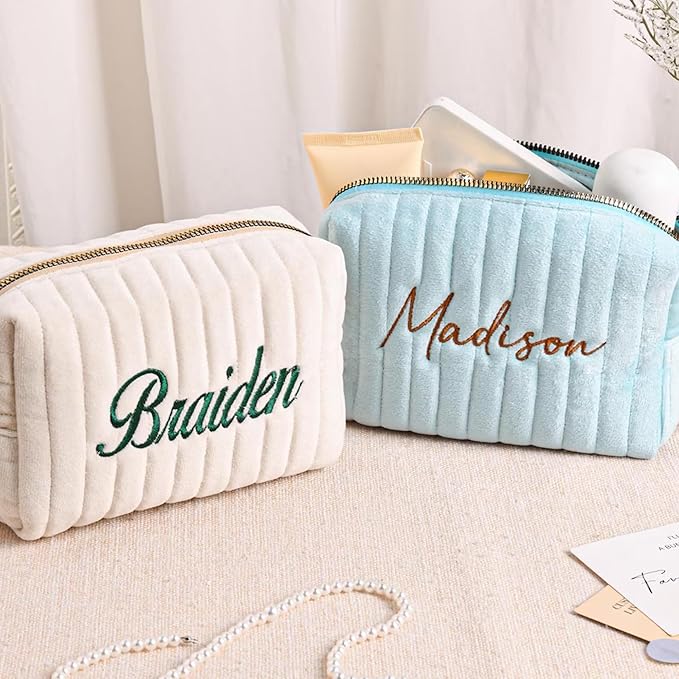 MYDREAMY Personalized Velvet Makeup Bag with Name, Custom Embroidered Cosmetic Bags for Women Girls, Initial Quilted Makeup Bag,Travel Toiletry Pouch, Gifts for Bride Bridesmaid, Birthday, Wedding