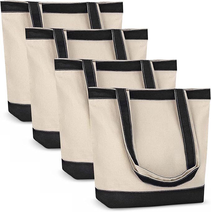 Canvas Tote Bag with Handles for Woman, Reusable Cloth Bag for Groceries and Shopping In Bulk - Blank Cotton Tote Bag, Suitable for DIY Projects HEAVY DUTY, 16"X14.5" With 4” Gusset, Black 4 Pack