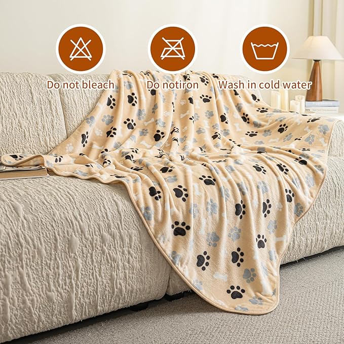 AIWEK Dog Blanket Paw Bone Pattern 1 Pack 1 Super Soft Warm Flannel Sofa Cover Car Bed Protector, Urine Proof Washable Outdoor Pet Blanket for Puppy Large Dogs & Cats,80"*60" Beige