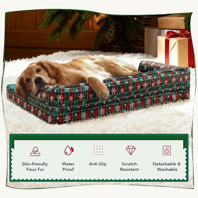 XL Christmas Dog Bed for Extra Large Dogs-Waterproof Large Dog Cat Bed with Sides,Foam Big Pet Couch Sofa Beds with Washable Removable Cover，Comfort Orthopedic Pet Beds with Non-Slip Bottom