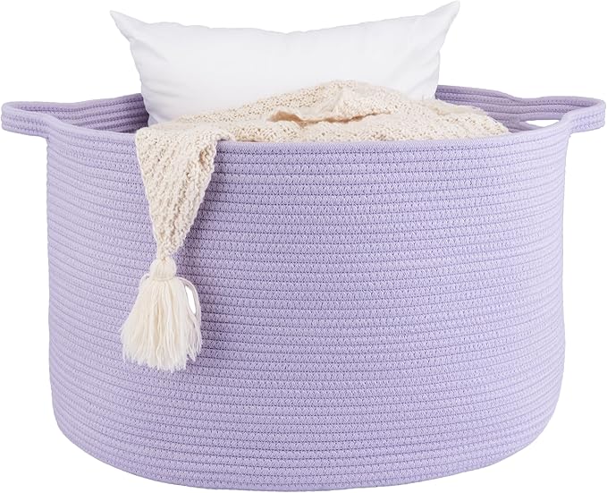 XUANGUO Large Cotton Rope Basket Blankets Basket Living Room 22"x14" Toy Basket for Kids Rope Storage Basket for Nursery Woven Laundry Basket for Clothes Baby Toy Storage round purple or Lavendor