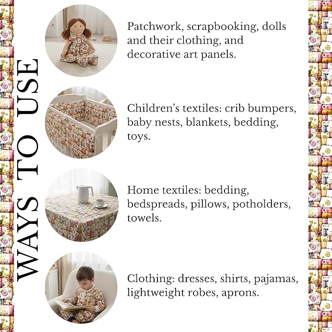 Vintage Sewing Notions Patchwork Cotton Fabric Panel 61 x 36.6 Inches, Buttons & Threads Quilt Print, Soft Pastel Multicolor Tones, 100% Cotton 140 GSM