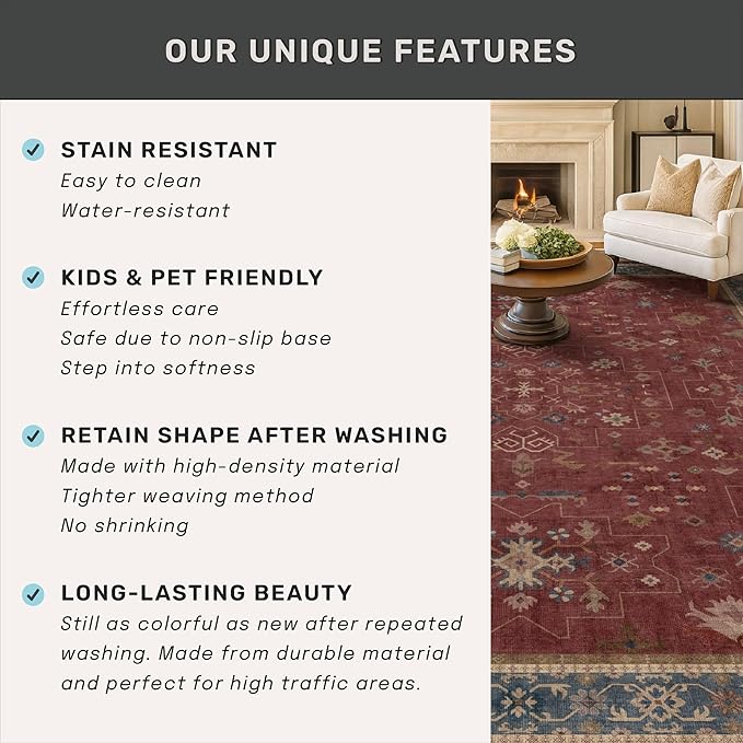 Washable 3x6 Entry Way Rugs Indoor - Burgundy Large Kitchen Rug, Non Slip Unique Bohemian Red Low Pile Thin Carpet for Bedroom Bedside, Foyer