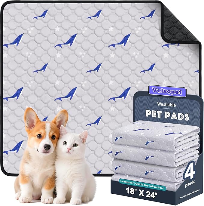 Velvopet Washable Pee Pads for Dogs, 4 Pack Puppy Pads, Super Absorbent & Leakproof with Anti-Slip Bottom for Dog Training, Crates, Car, Pet Pee Pads, and Furniture Protection, 18"x24"