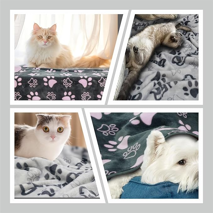 Gowyeg 1 Pack 3 Dogs Blankets for Large & Medium Dogs Washable, Super Soft Fluffy Premium Fleece Pet Blanket Flannel Throw for Dog Puppy Cat Paw Dog Products, Grey Pink, 41x31 inch