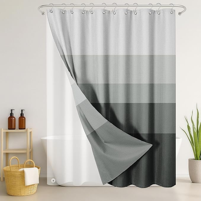 Nesphy Shower Curtain and Liner, Black Ombre Grey Striped 3 in 1 Shower Curtain and PEVA Liner Set with 12 Rust-Resistant Metal Hooks, Waterproof Fabric Shower Curtains for Bathroom, 72 W x 72 H