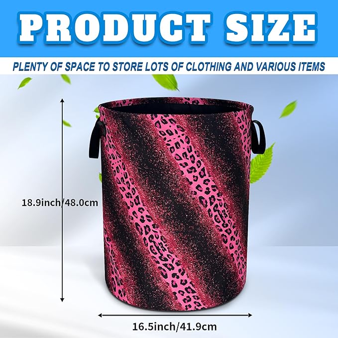 Pink Leopard Print Laundry Basket Cheetah Oxford Cloth Laundry Hamper With Handle Foldable Portable Clothes Storage Basket 18.9 X 16.5 Inch Storage Bag For Laundry Room/Bathroom/Bedroom/Dormitories