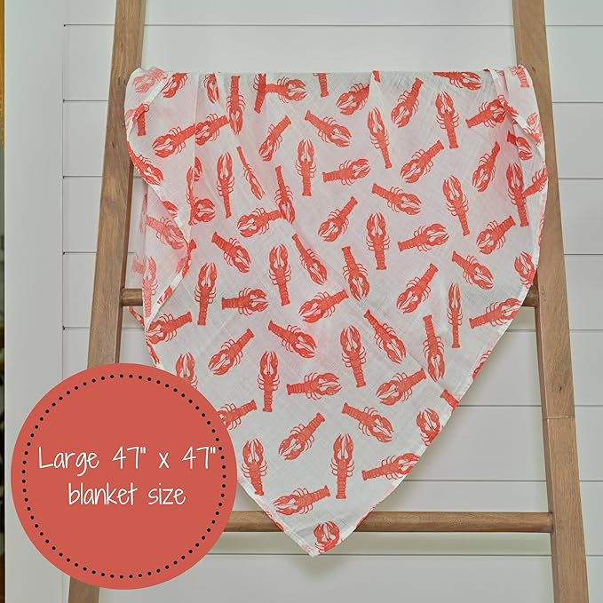 LollyBanks Muslin Swaddle Blankets for Boys and Girls, 100% Cotton Baby Blanket, Large 47 x 47 Inches Breathable Swaddles for Newborn, Gender Neutral Baby Swaddle Blanket, Registry (Lobster Print)