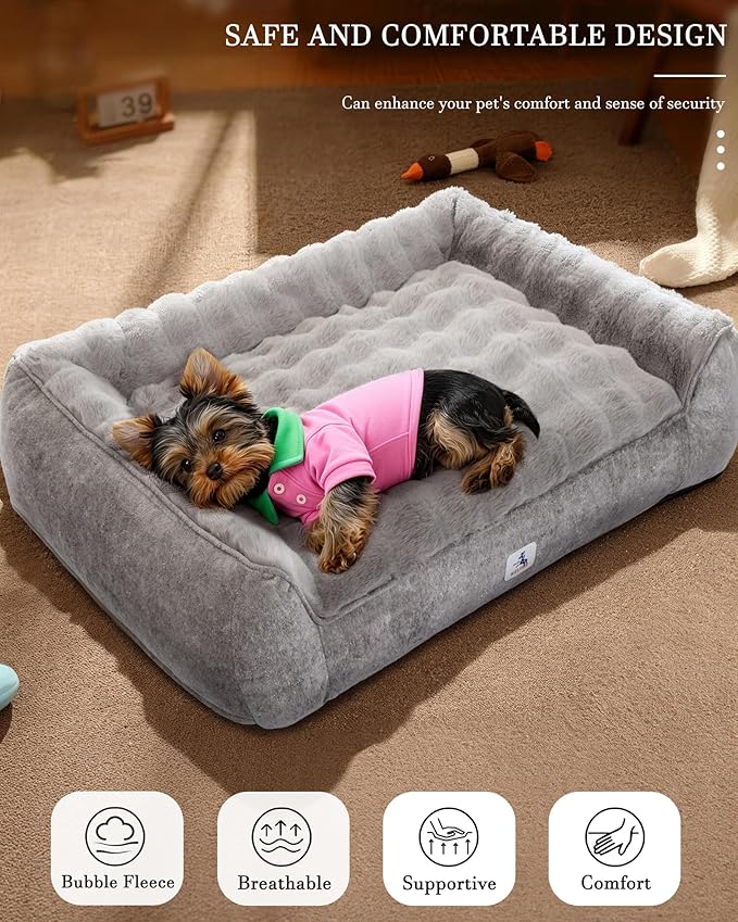 Welfibr Dog Bed 100% Washable Faux Fur Dog Beds Small Size Dog Orthopedic Dog Bed with Sides Elevated Dog Bed Comfort Small Dog Bed with Removable Cover Noiseless Supportive Dog Couch Grey 35"